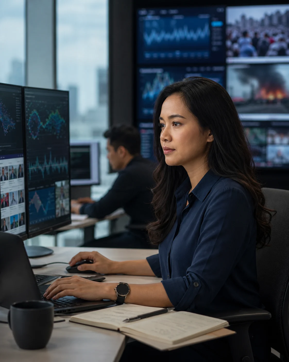 Media intelligence analyst reviewing news coverage and reputation signals